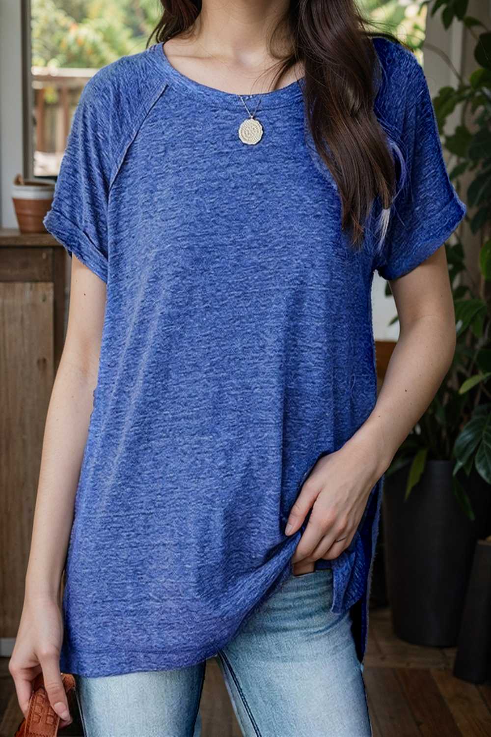 round neck solid loose short sleeve t shirt 106781