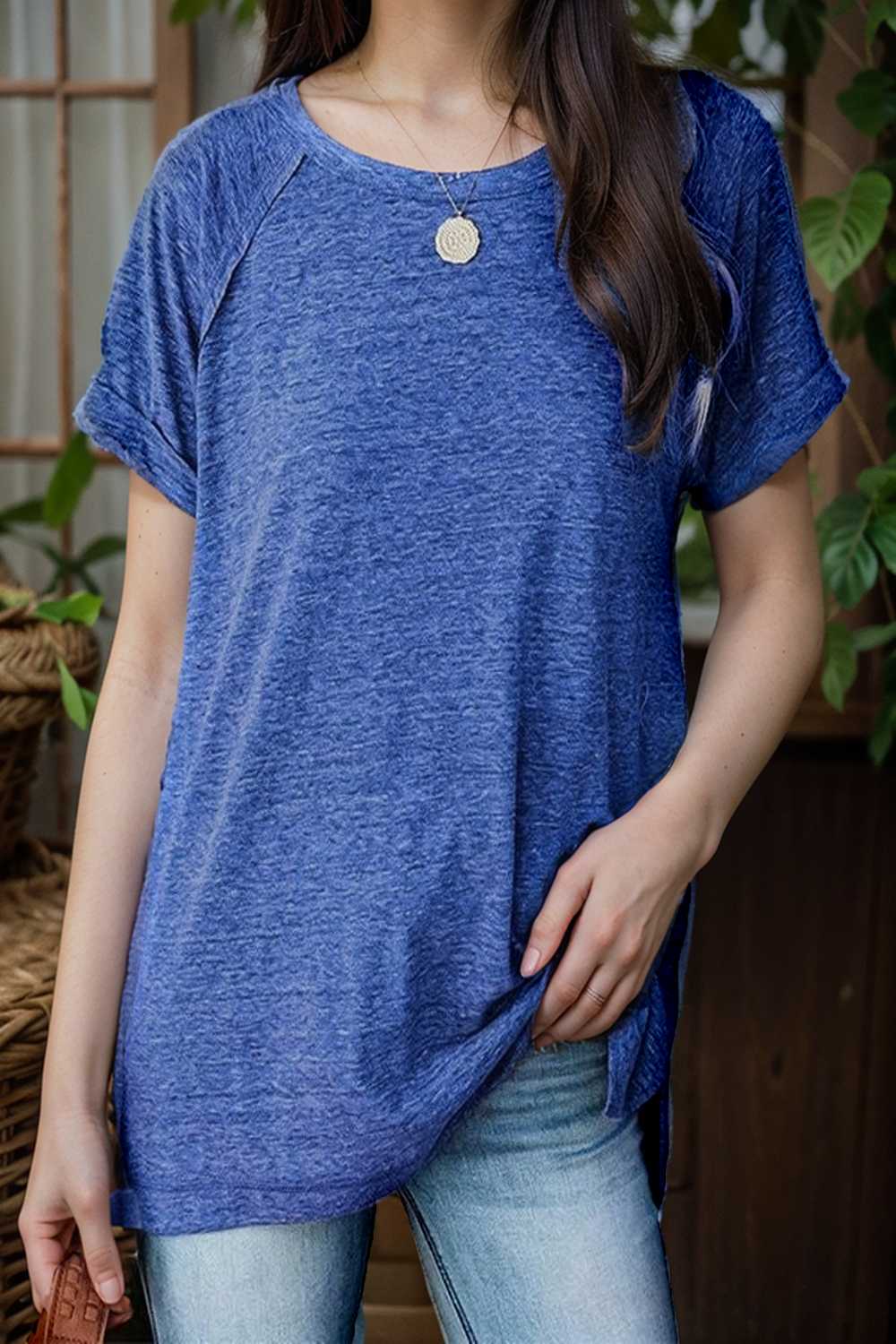 round neck solid loose short sleeve t shirt 106780
