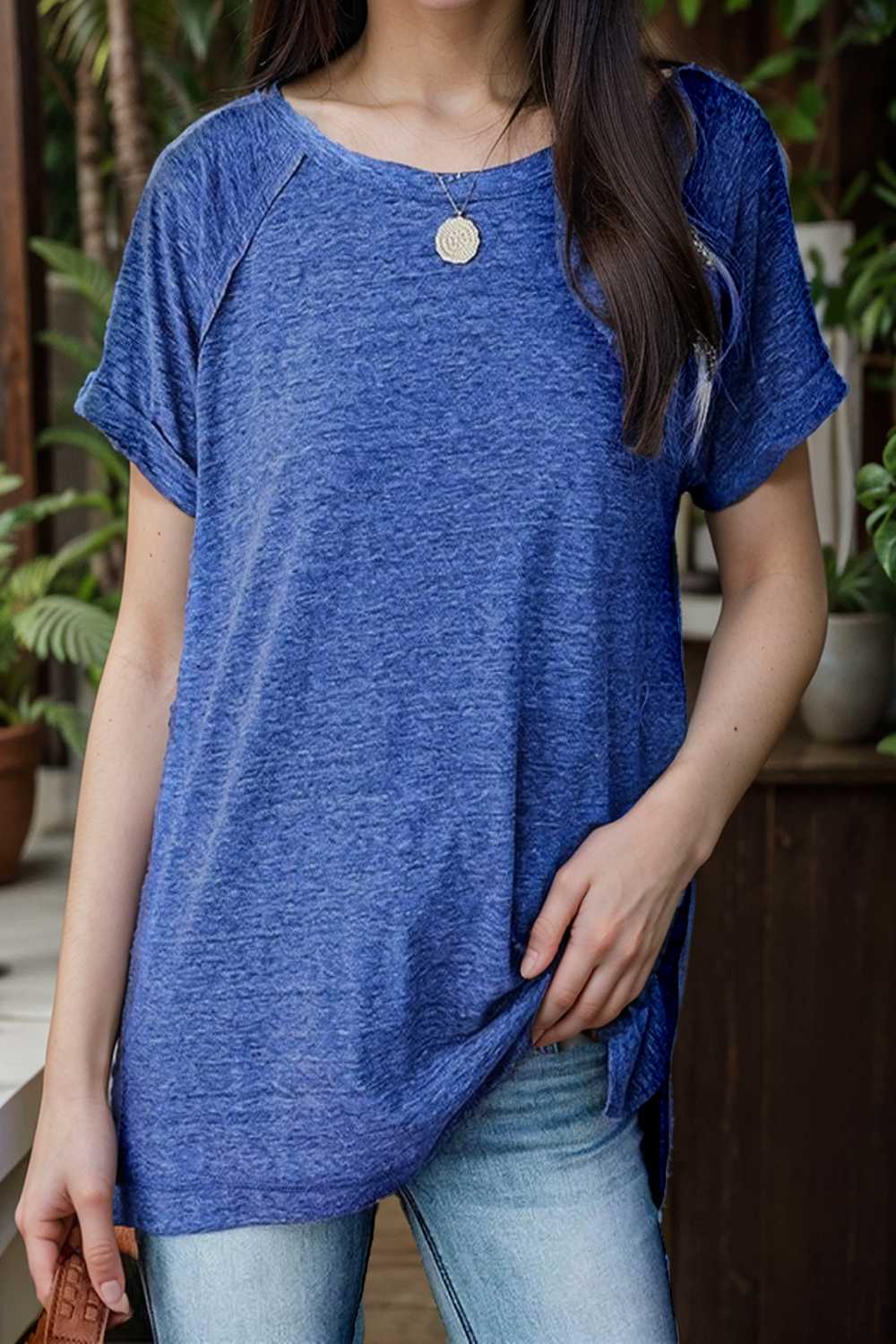 round neck solid loose short sleeve t shirt 106779