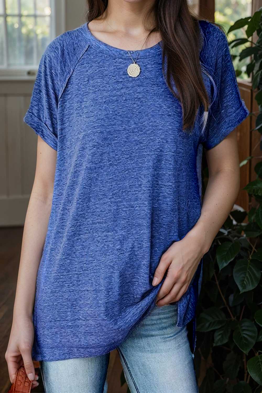 round neck solid loose short sleeve t shirt 106778