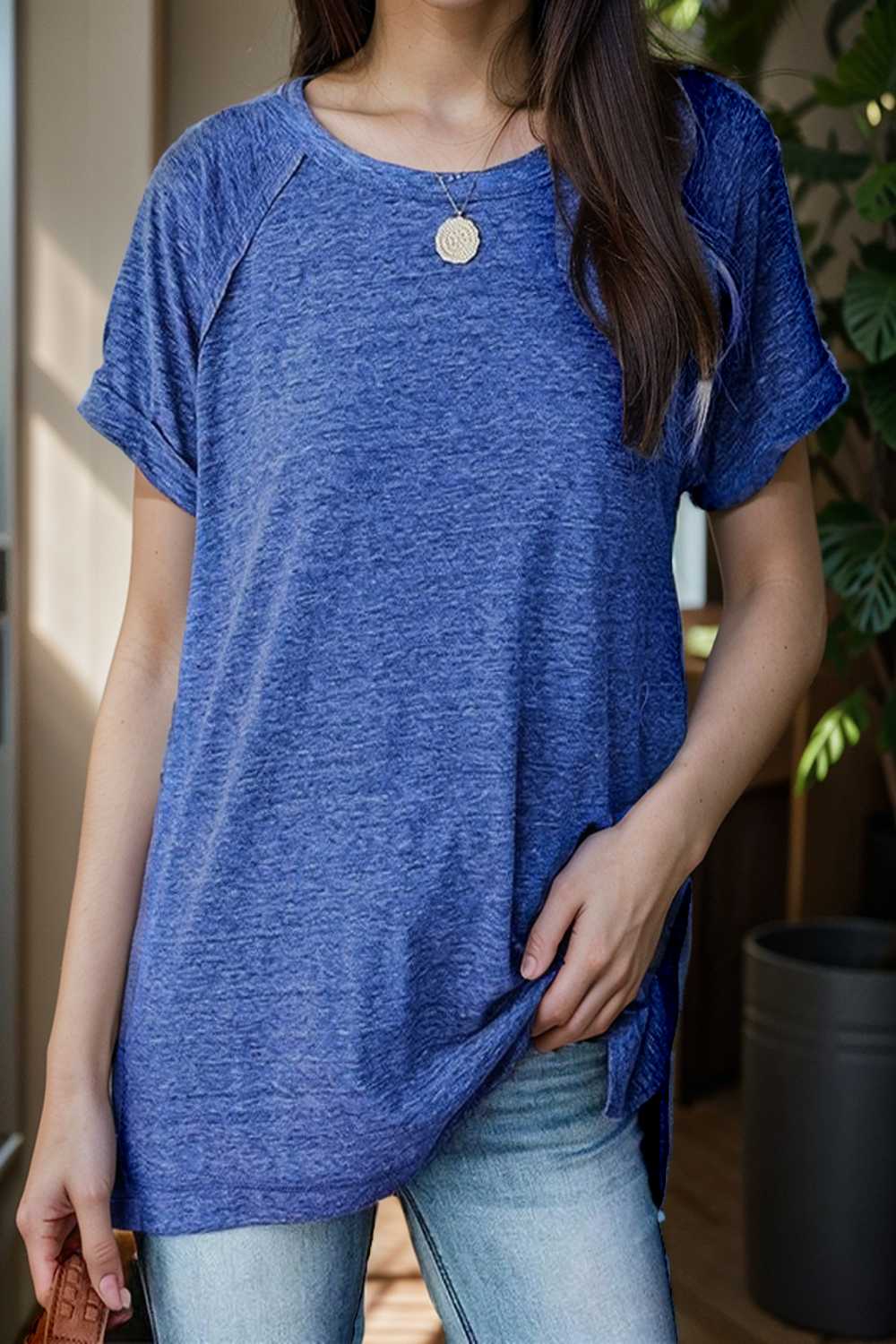 round neck solid loose short sleeve t shirt 111752