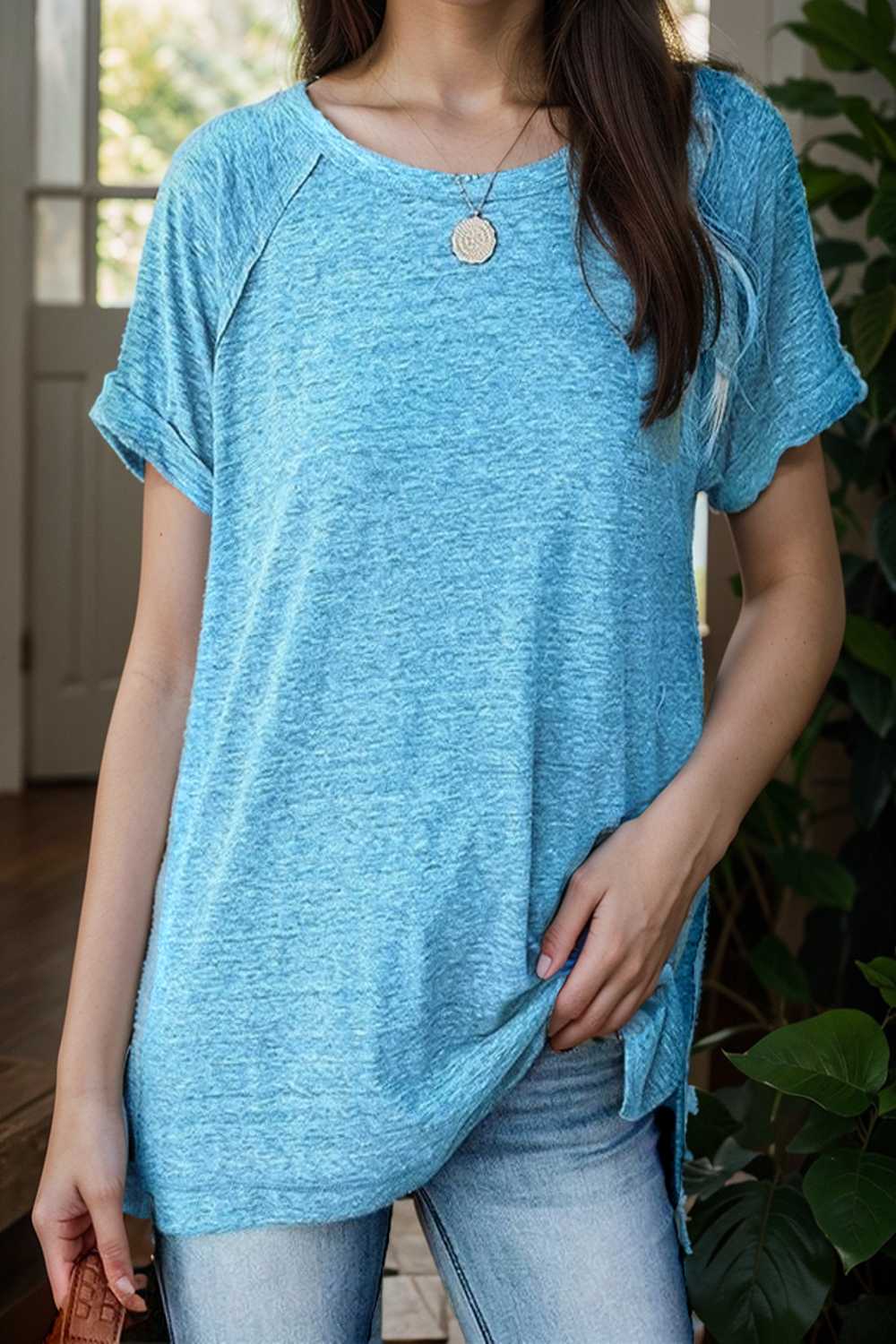 round neck solid loose short sleeve t shirt 110089