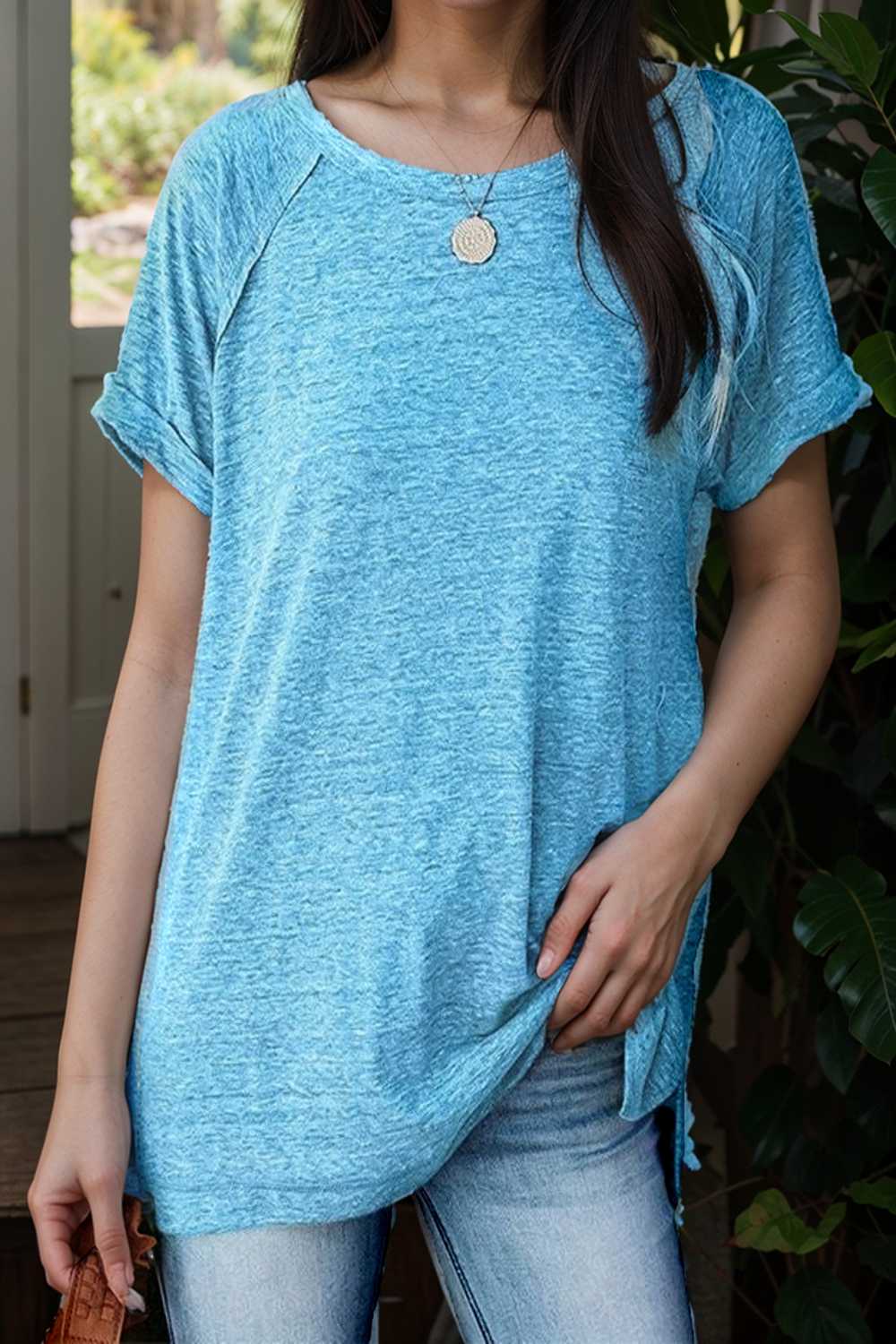 round neck solid loose short sleeve t shirt 106776