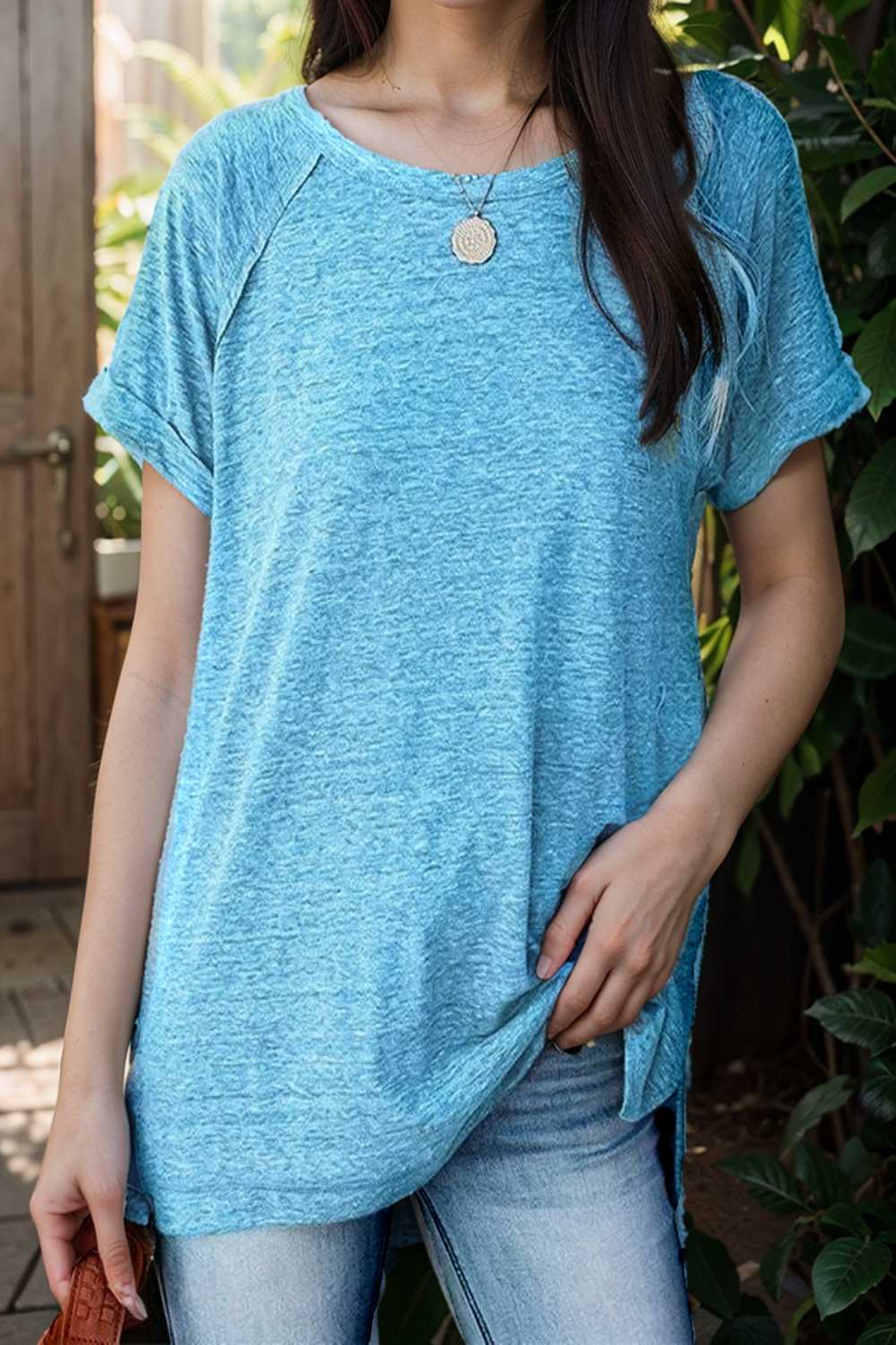 round neck solid loose short sleeve t shirt 106775