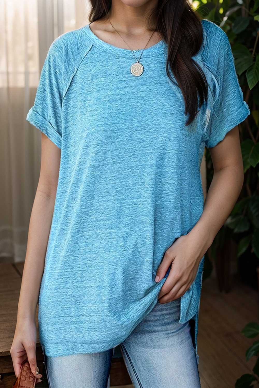 round neck solid loose short sleeve t shirt 136811