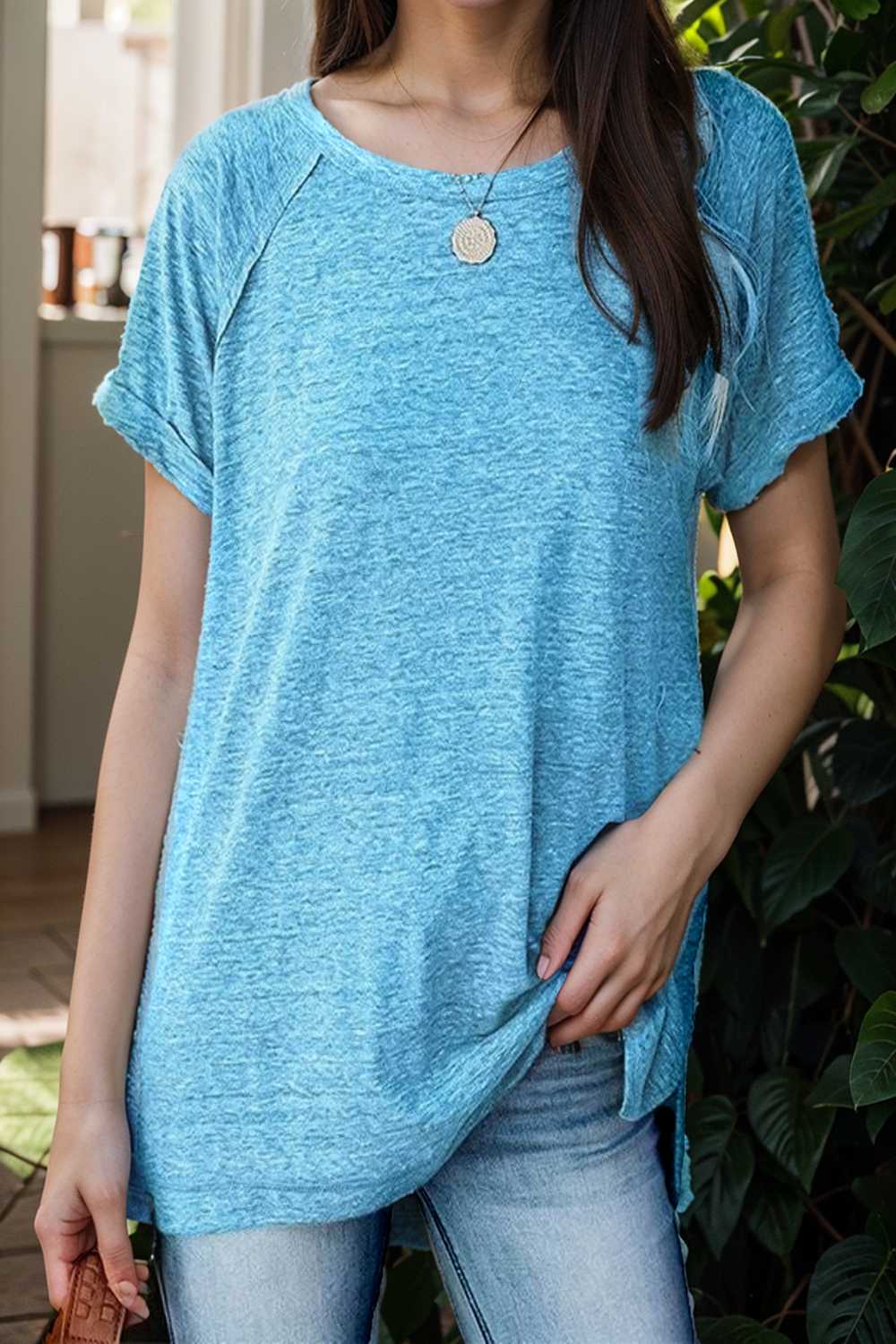 round neck solid loose short sleeve t shirt 136809