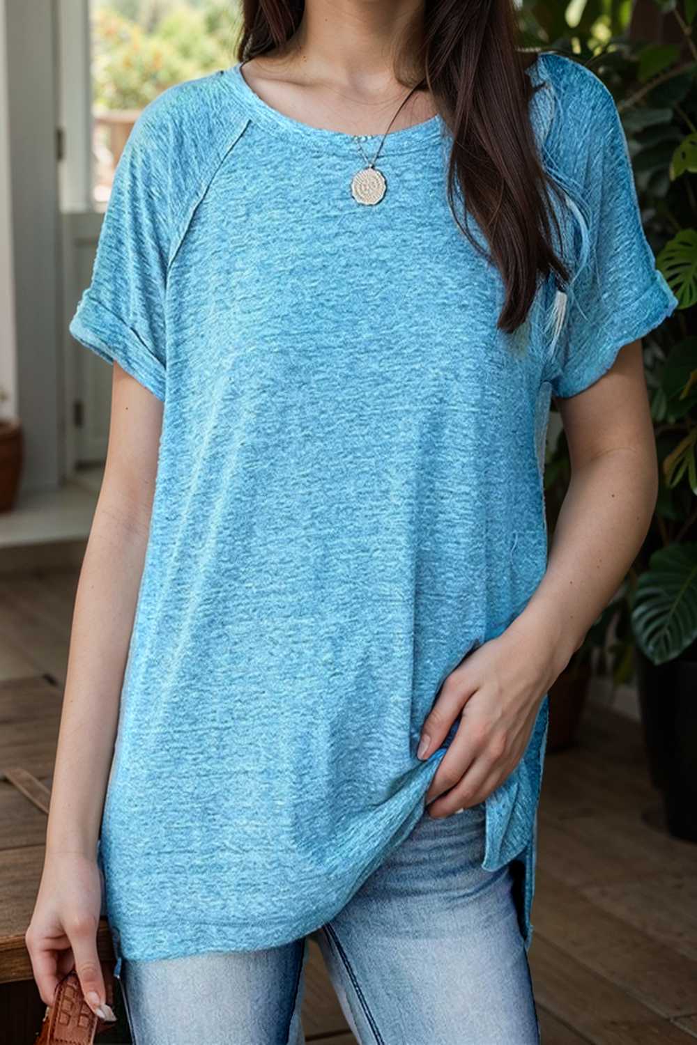 round neck solid loose short sleeve t shirt 106772