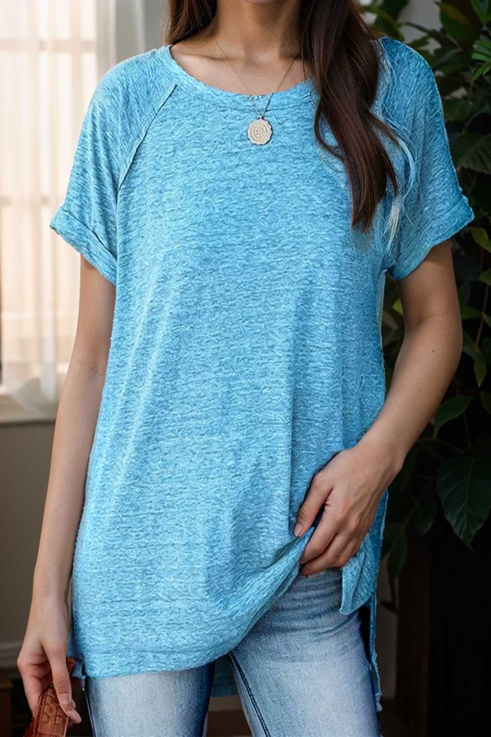 round neck solid loose short sleeve t shirt 106771