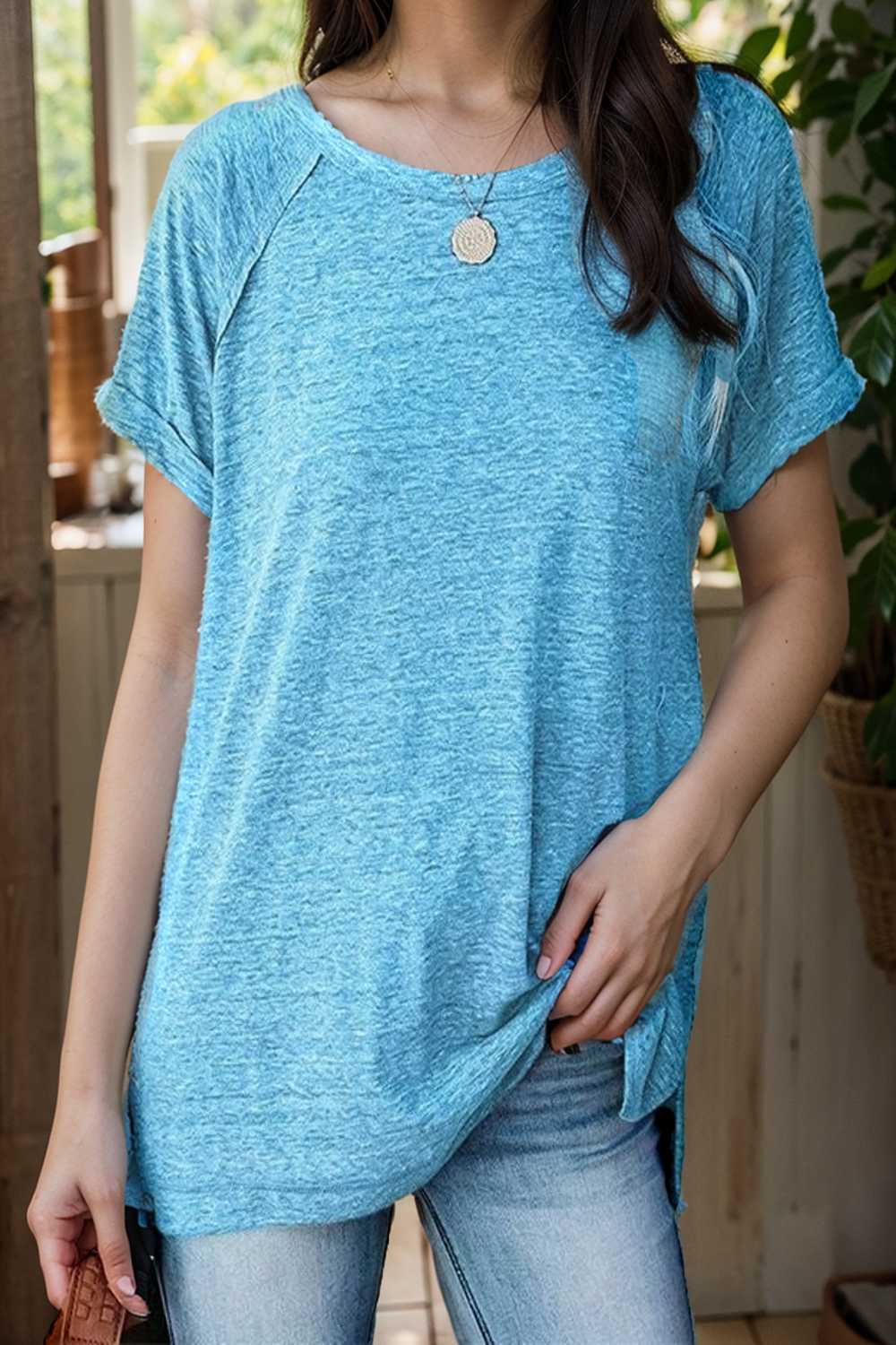 round neck solid loose short sleeve t shirt 136806