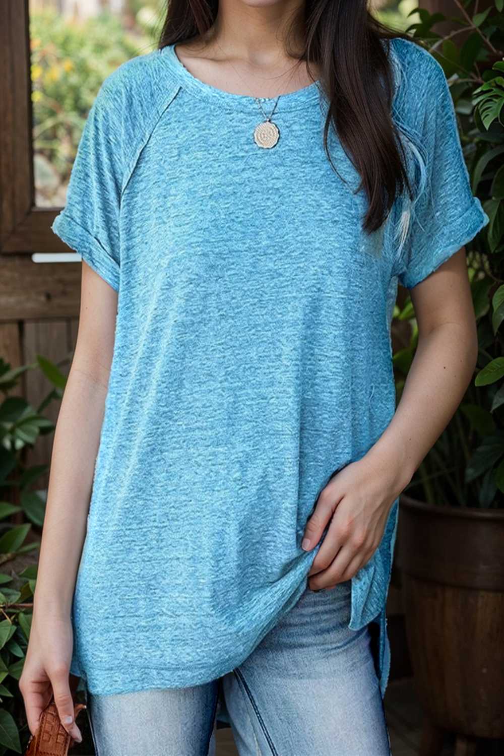 round neck solid loose short sleeve t shirt 106770