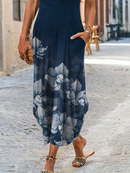Women's Casual Dress Shift Dress Long Dress Maxi Dress Dark Blue Short Sleeve Floral Pocket Spring Summer Crew Neck Casual 2023 S M L XL XXL XXXL - LuckyFash™
