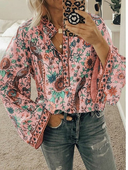 Women's Shirt Blouse Yellow Pink Dusty Rose Graphic Floral Button Print Long Sleeve Daily Holiday Vintage Boho Streetwear Round Neck Regular Boho S