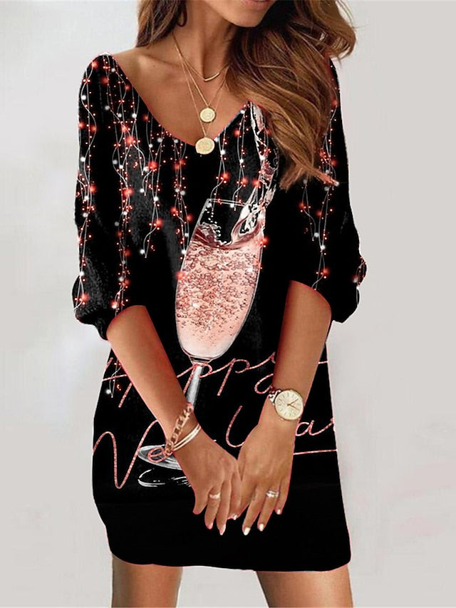 Women's Sweatshirt Dress Casual Dress Mini Dress Warm Active Outdoor New Year Holiday V Neck Print Letter Loose Fit Pink Purple Gold S M L XL XXL