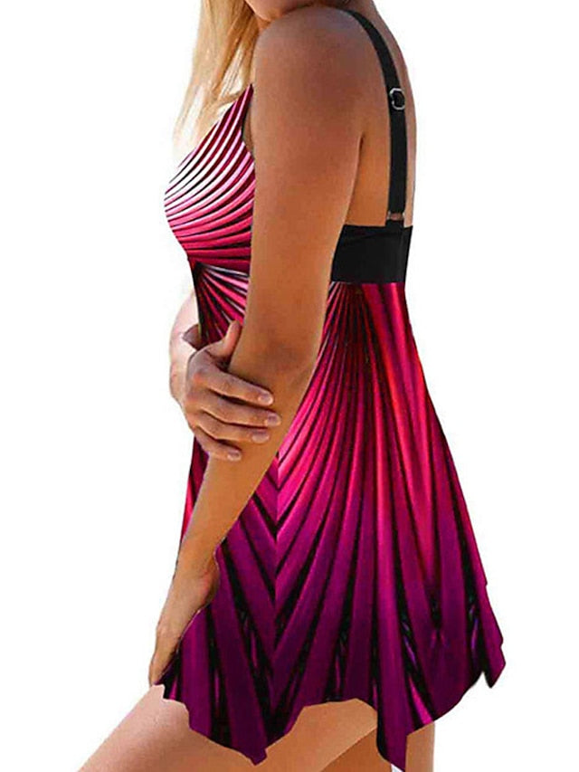 Women's Swimwear Swim Dress 2 Piece Plus Size Swimsuit 2 Piece Modest Swimwear Open Back Printing Stripes / Ripples Burgundy Navy Blue Blue Green Camisole Strap Bathing Suits New Vacation Fashion - LuckyFash™