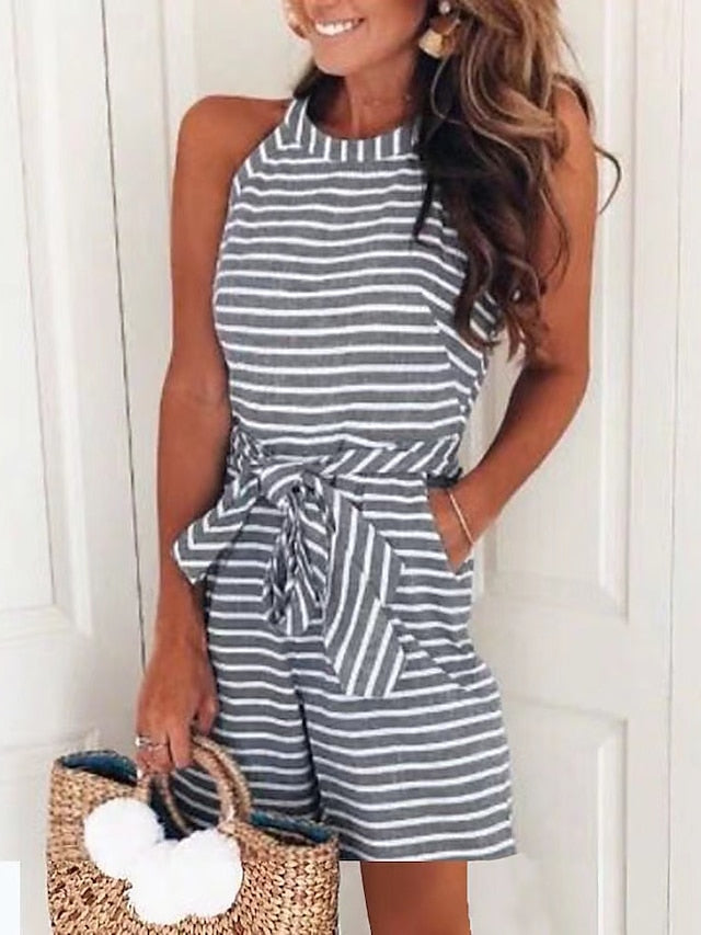 Women's Romper Patchwork Striped Halter Boho Beach Weekend Straight Regular Fit Sleeveless Sleeveless Black Pink Blue S M L Summer - LuckyFash™