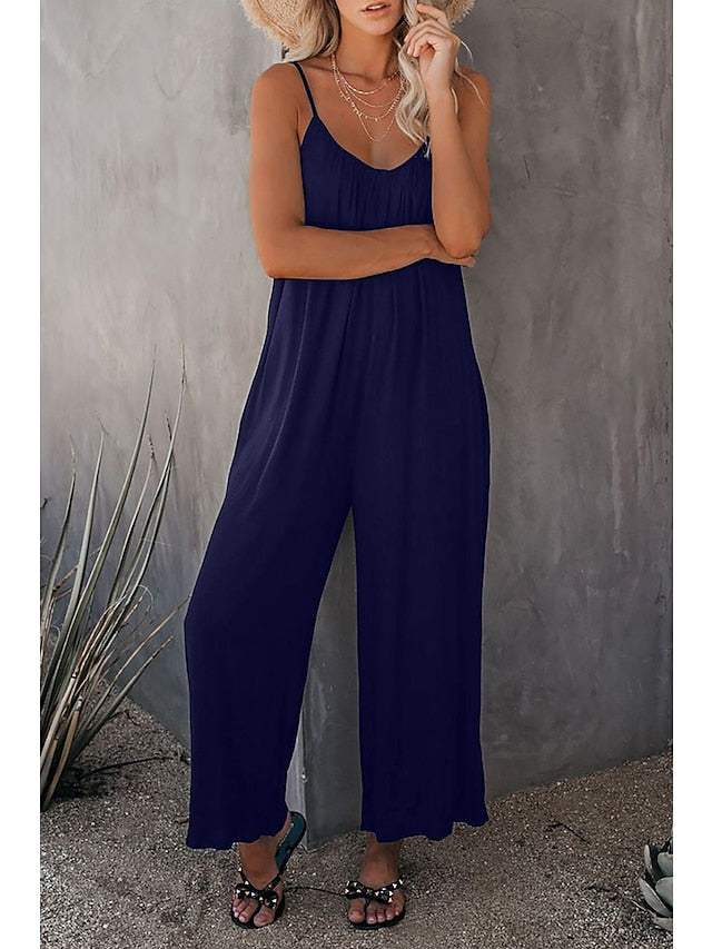 Women's Basic Daily Wide Leg Navy Blue Overall Solid Color - LuckyFash™