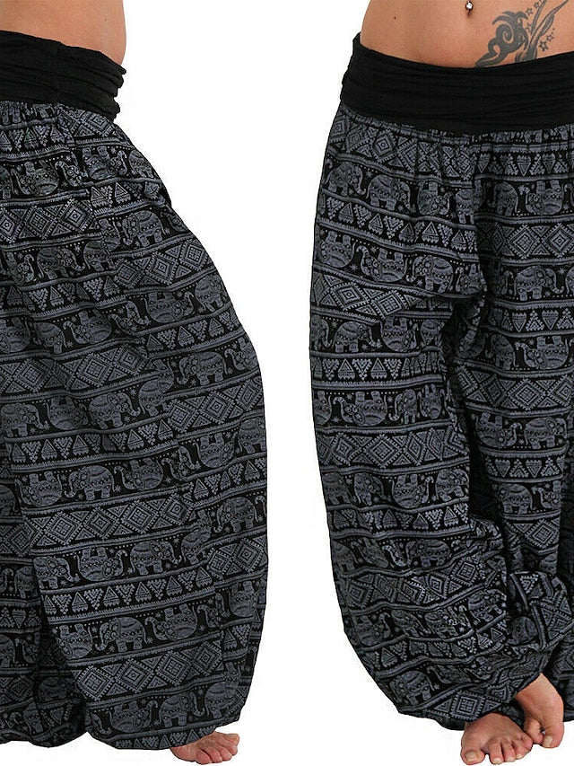 Womenâ€˜s Harem Pants Wide Leg Fold Over Waist Palazzo Bohemia Zumba Belly Dance Yoga Bloomers Bottoms Elephant Hippie Boho Navy ArmyGreen White Plus Size Sports Activewear - LuckyFash™