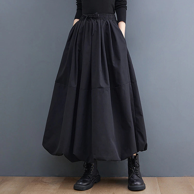 Women's Swing Long Skirt Maxi Skirts Pocket Drawstring Solid Colored Office / Career Daily Spring &  Fall Polyester Fashion Streetwear Casual Black