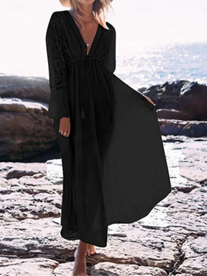 Women's White Dress Casual Dress Swing Dress Long Dress Maxi Dress Lace Patchwork Vacation Beach Streetwear Maxi V Neck 3/4 Length Sleeve Black White Color