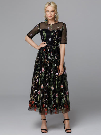 A-Line Floral Dress Holiday Tea Length Half Sleeve Illusion Neck Lace with Embroidery Appliques 2023 - LuckyFash™