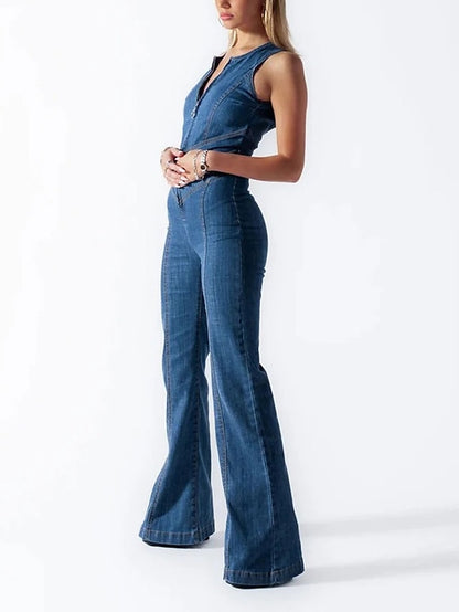 Denim Jumpsuit for Women Backless Zipper Solid Color V Neck Business Office Work Regular Fit Sleeveless Blue XS S M Summer - LuckyFash™