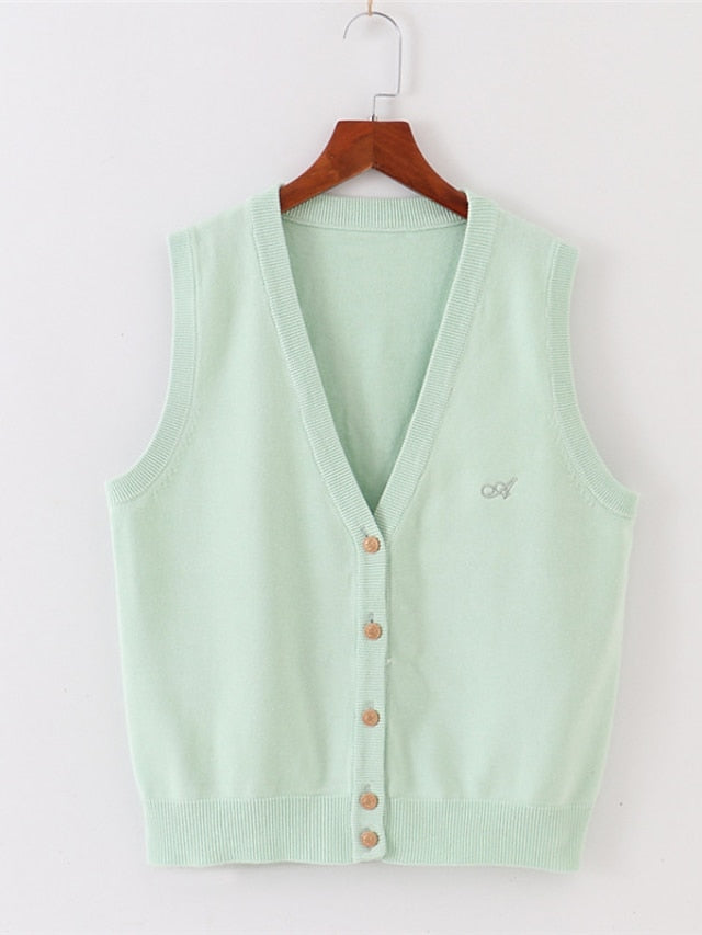 Women's Sweater Vest Jumper Knit Button Knitted Pure Color V Neck Basic Stylish Outdoor Daily Spring Summer Green Blue S M L / Cotton / Sleeveless / Cotton / Sleeveless / Holiday - LuckyFash™