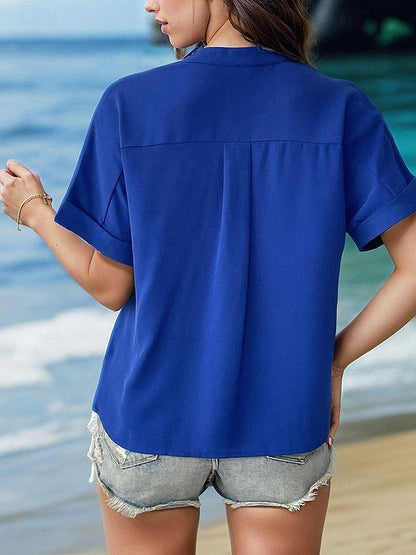 Women's Shirt Blouse Plain Daily Button Pocket Blue Short Sleeve Casual V Neck Summer