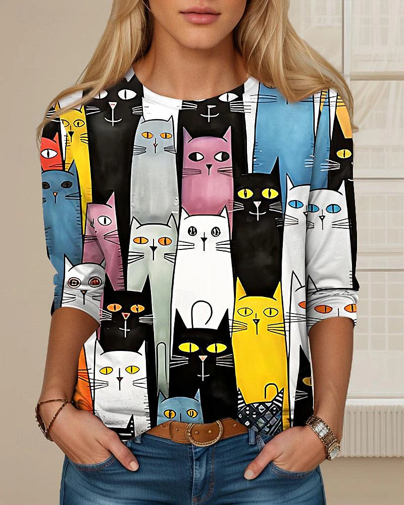 Women's T shirt Tee Cat Daily Weekend Print Black Long Sleeve Fashion Round Neck Spring &  Fall