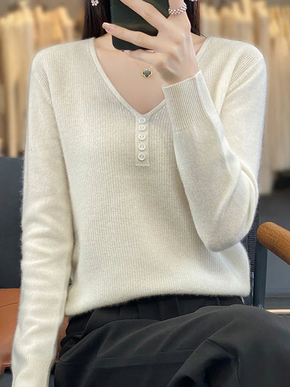 Women's Pullover Sweater Jumper V Neck Ribbed Knit Polyester Button Knitted Fall Winter Regular Outdoor Daily Holiday Fashion Streetwear Casual Long Sleeve Solid Color Black White Light Green S M L