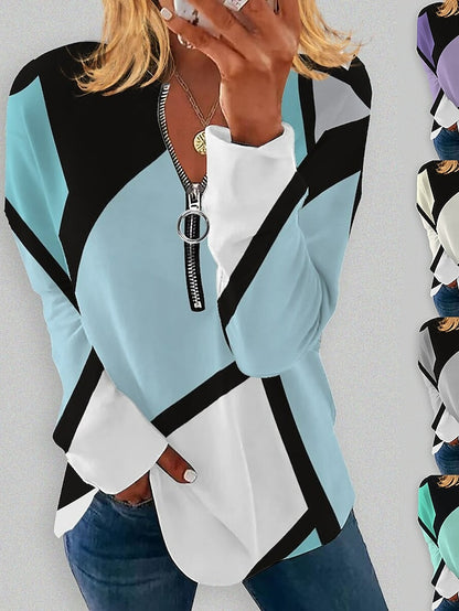 Women's Sweatshirt Pullover Active Streetwear Quarter Zip Print White Blue Purple Graphic Color Block Daily V Neck Plus Size Long Sleeve - LuckyFash™