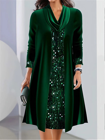 Women's Velvet Dress Sequin Dress Party Dress Velvet Sequins Patchwork Crew Neck Long Sleeve Midi Dress Christmas Green Spring Winter