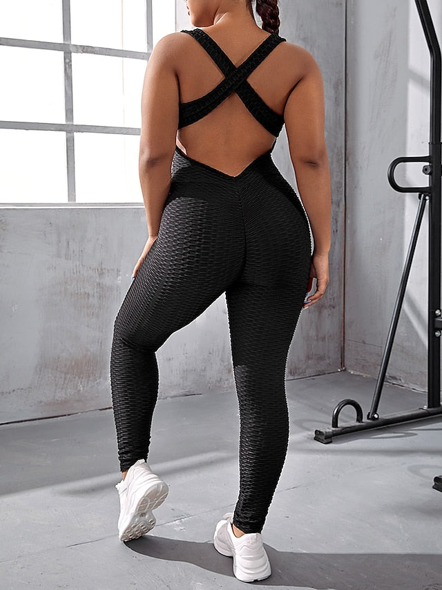 Women's Onesie Workout Sets Scrunch Butt Open Back Bodysuit Romper Clothing Suit Black White Spandex Yoga Fitness Gym Workout Tummy Control Butt Lift Power Flex Sleeveless Sport Activewear High - LuckyFash™