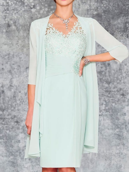Two Piece Sheath / Column Mother of the Bride Dress Wedding Guest Church Elegant V Neck Knee Length Chiffon 3/4 Length Sleeve with Embroidery 2023 - LuckyFash™