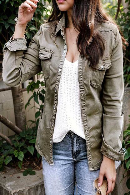 ruched trim button up long sleeve collared casual jacket 109014