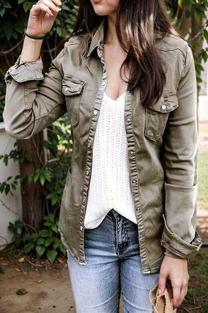 ruched trim button up long sleeve collared casual jacket 107642