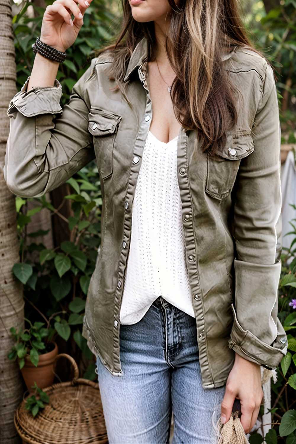 ruched trim button up long sleeve collared casual jacket 106765