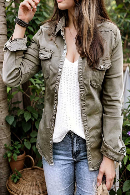 ruched trim button up long sleeve collared casual jacket 106765