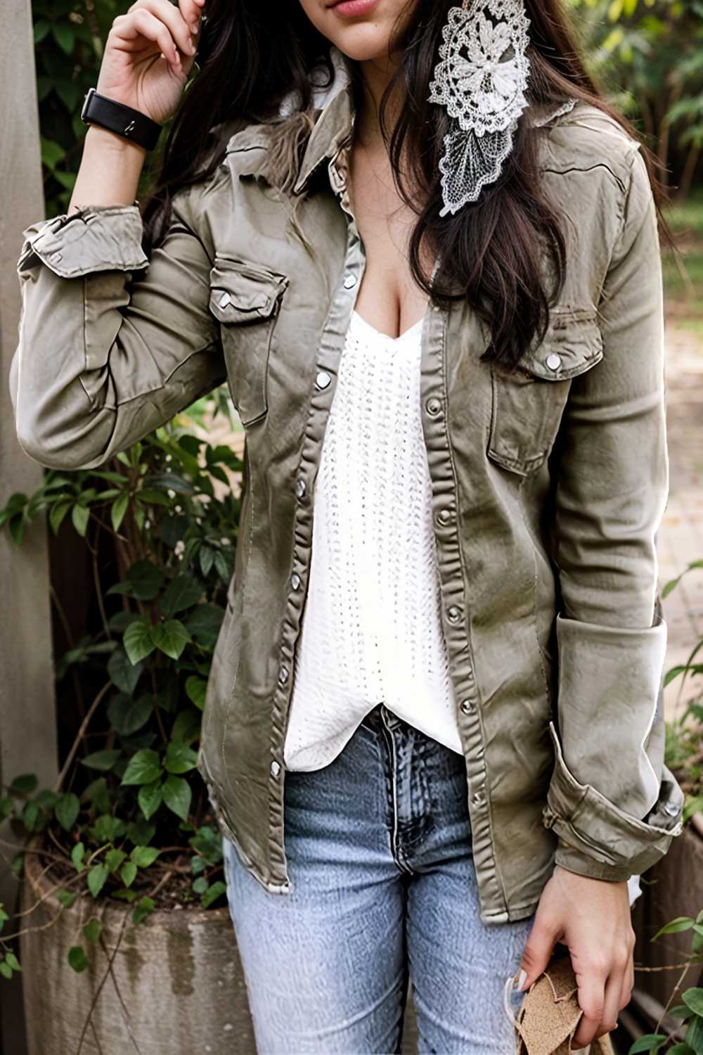 ruched trim button up long sleeve collared casual jacket 111723