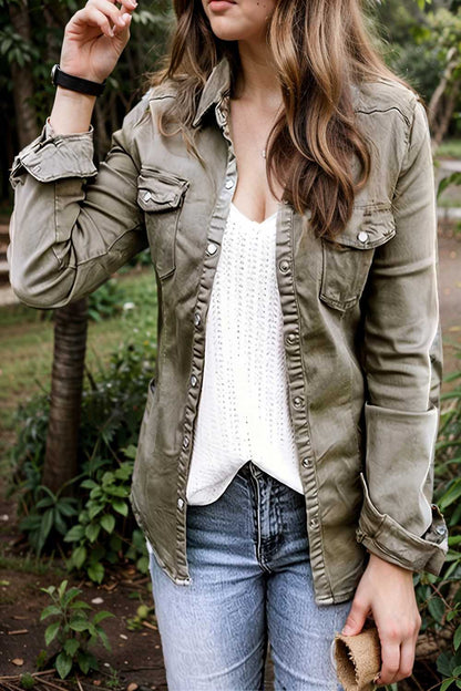 ruched trim button up long sleeve collared casual jacket 106761