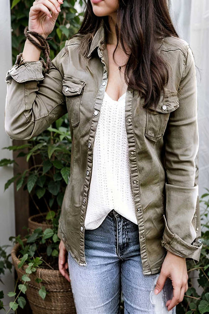 ruched trim button up long sleeve collared casual jacket 111720