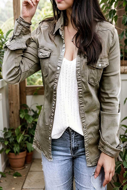 ruched trim button up long sleeve collared casual jacket 111719