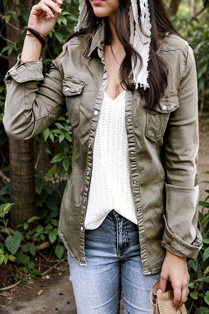 ruched trim button up long sleeve collared casual jacket 111717