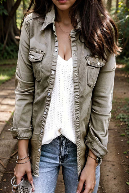 ruched trim button up long sleeve collared casual jacket 111709