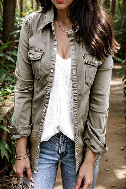 ruched trim button up long sleeve collared casual jacket 109609