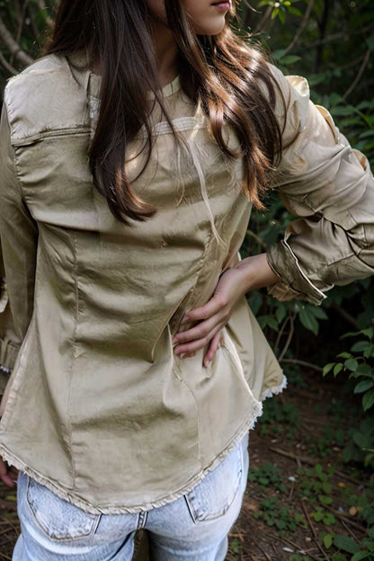 ruched trim button up long sleeve collared casual jacket 109605