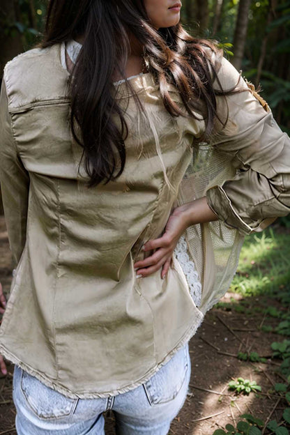 ruched trim button up long sleeve collared casual jacket 106749
