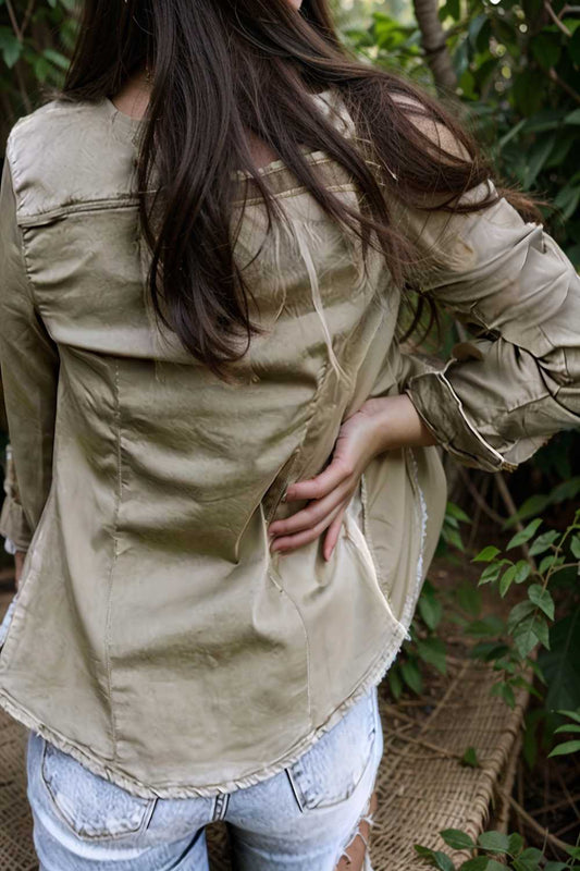 ruched trim button up long sleeve collared casual jacket 109601