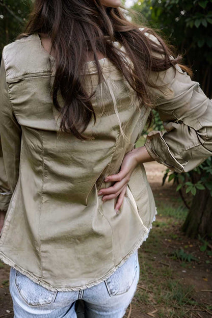 ruched trim button up long sleeve collared casual jacket 109598