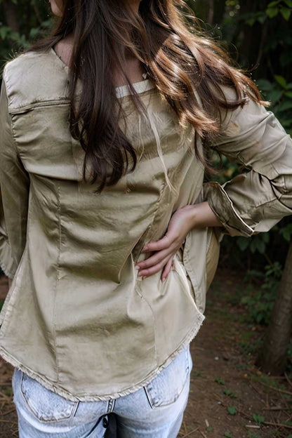 ruched trim button up long sleeve collared casual jacket 109597