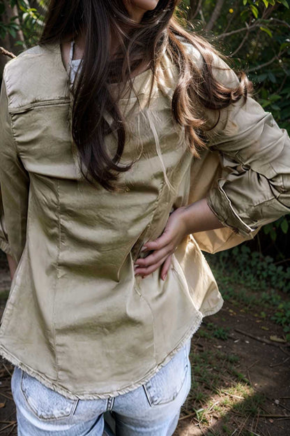 ruched trim button up long sleeve collared casual jacket 109592